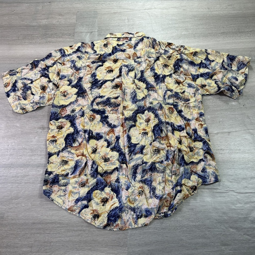 VINTAGE Goouch Shirt‎ Mens Medium Beige Blue Floral Button Up Rayon Hawaiian
